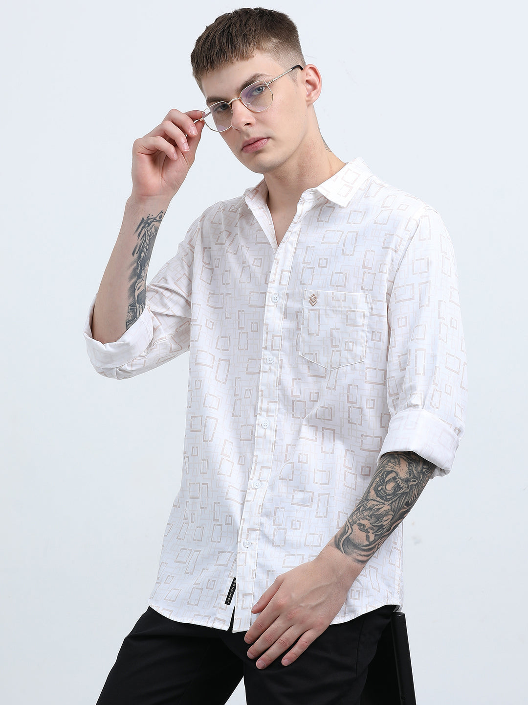 Men's Subtle geometric print white peach shirt