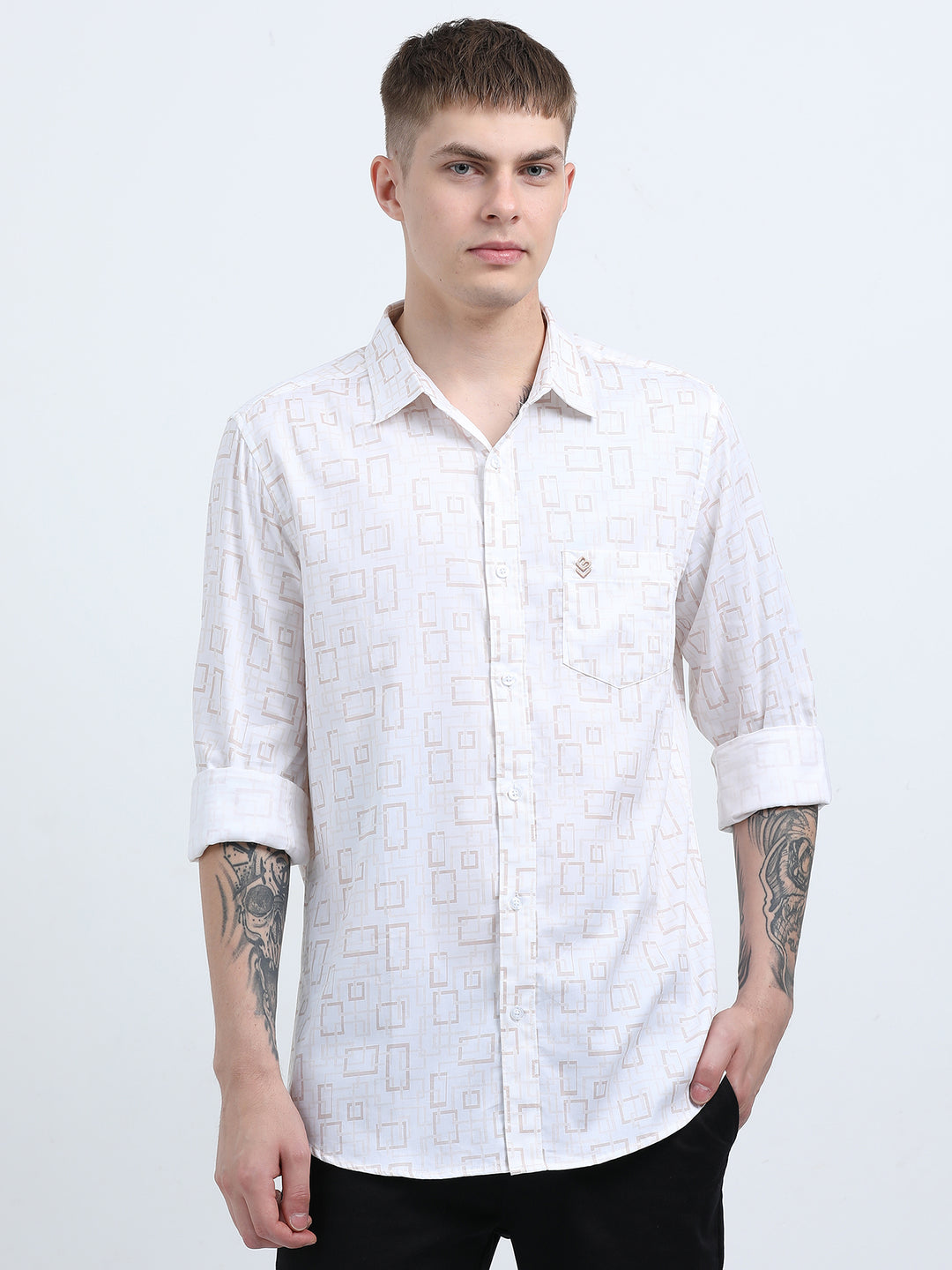 Men's Subtle geometric print white peach shirt