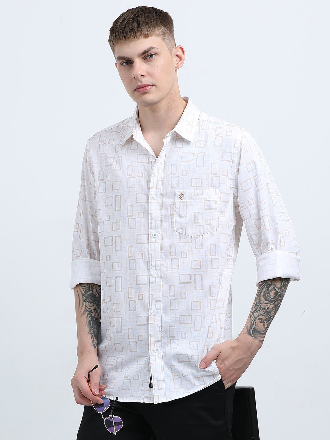 Men's Subtle geometric print white peach shirt