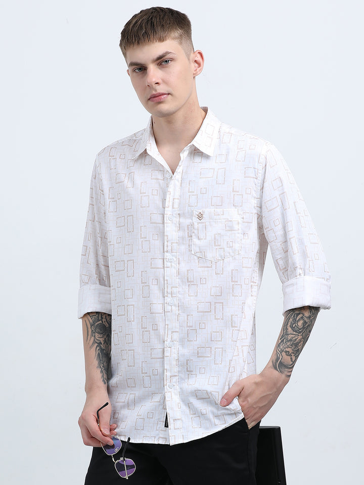 Men's Subtle geometric print white peach shirt