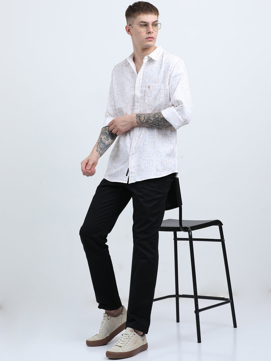 Men's Subtle geometric print white peach shirt