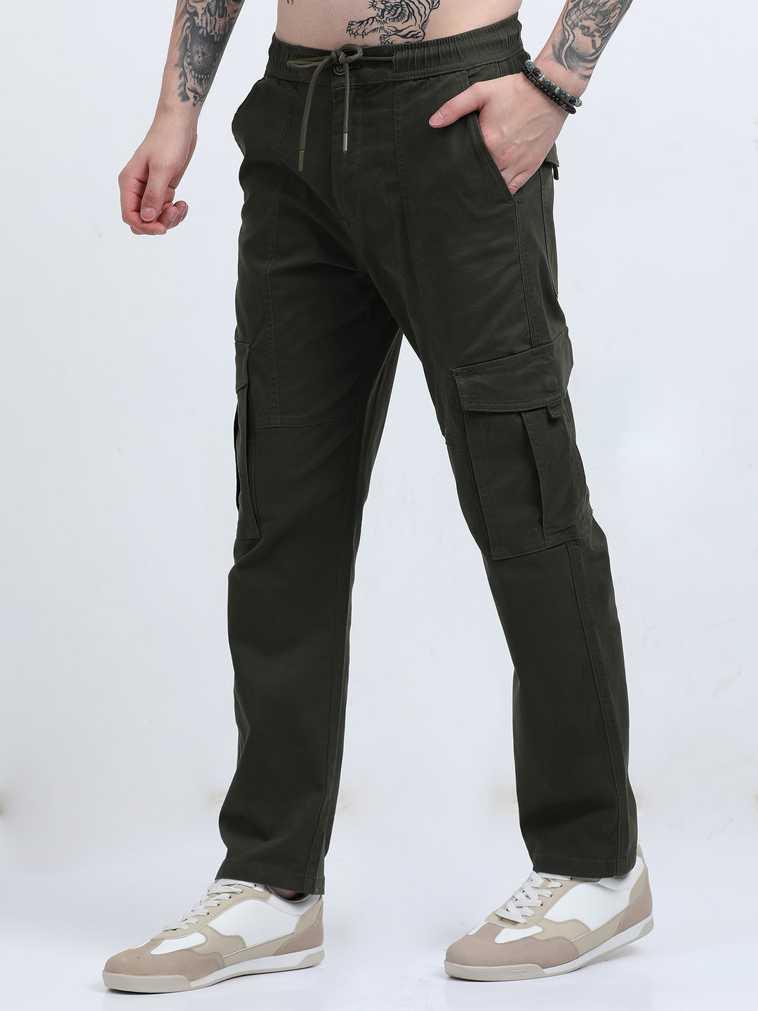 Men's High-Waist Relaxed-Fit olive green Trousers