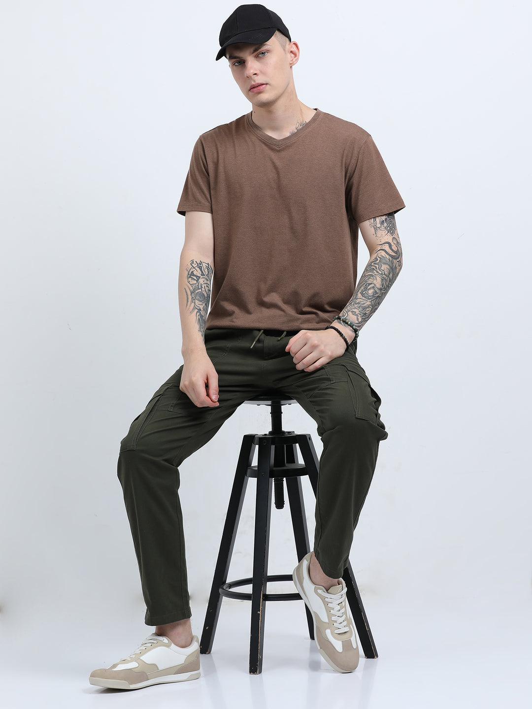Men's High-Waist Relaxed-Fit olive green Trousers