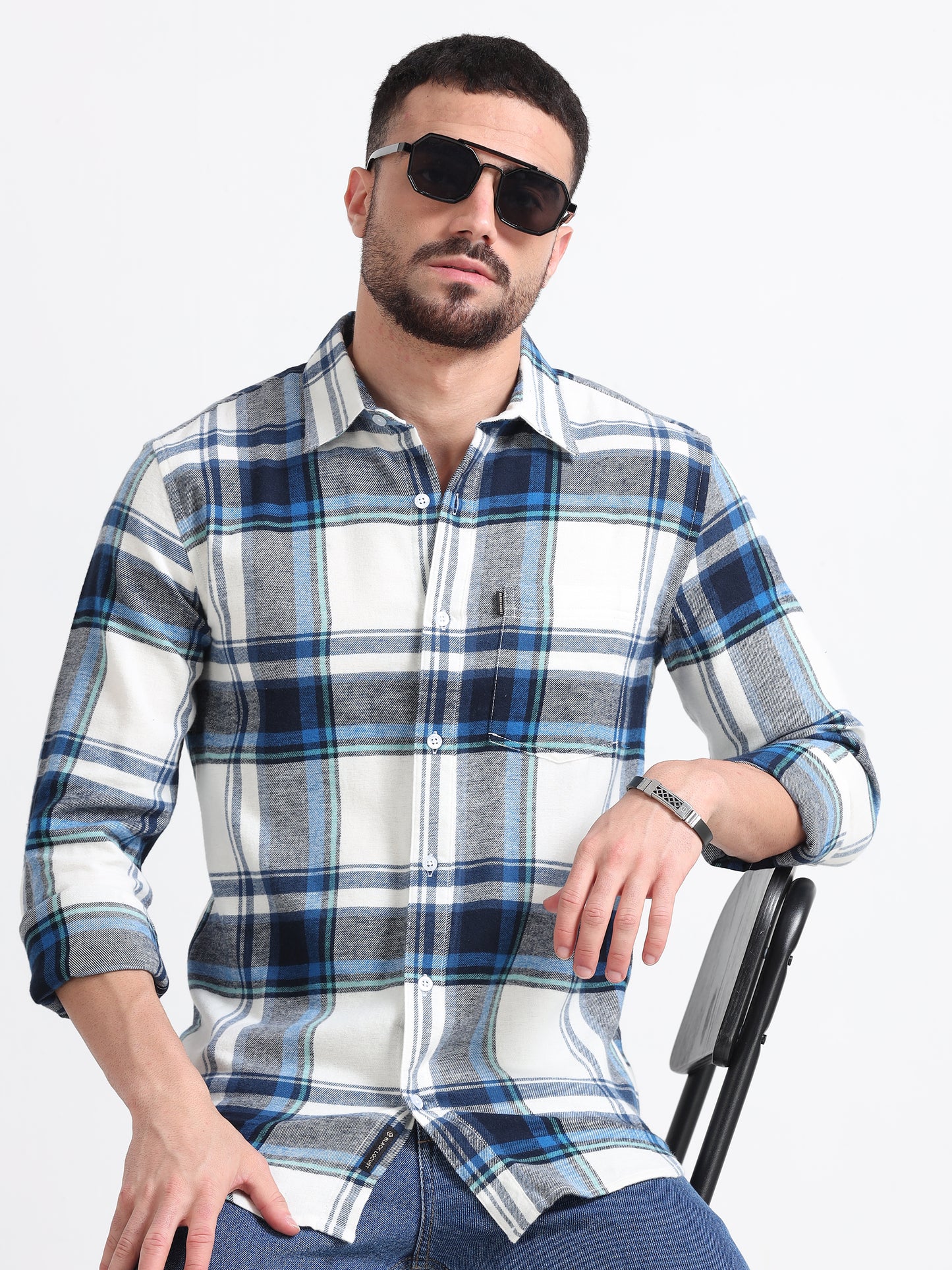 Dark Blue Check Print Flannel Shirt