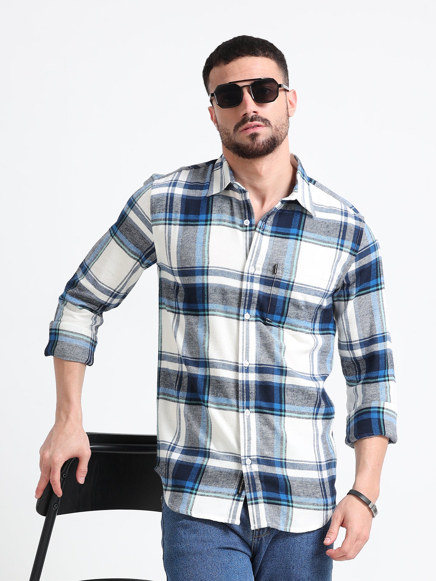 Dark Blue Check Print Flannel Shirt