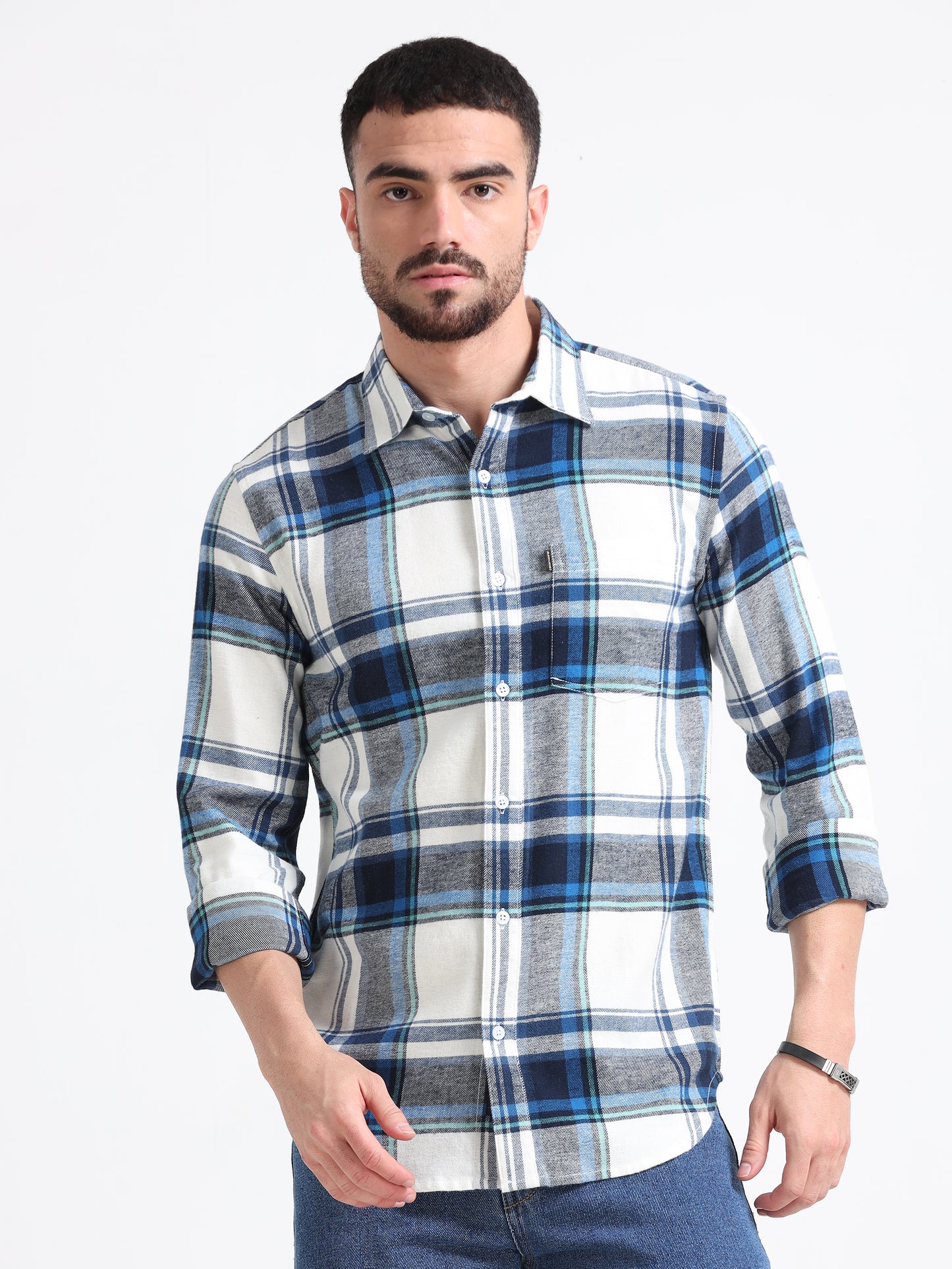 Dark Blue Check Print Flannel Shirt