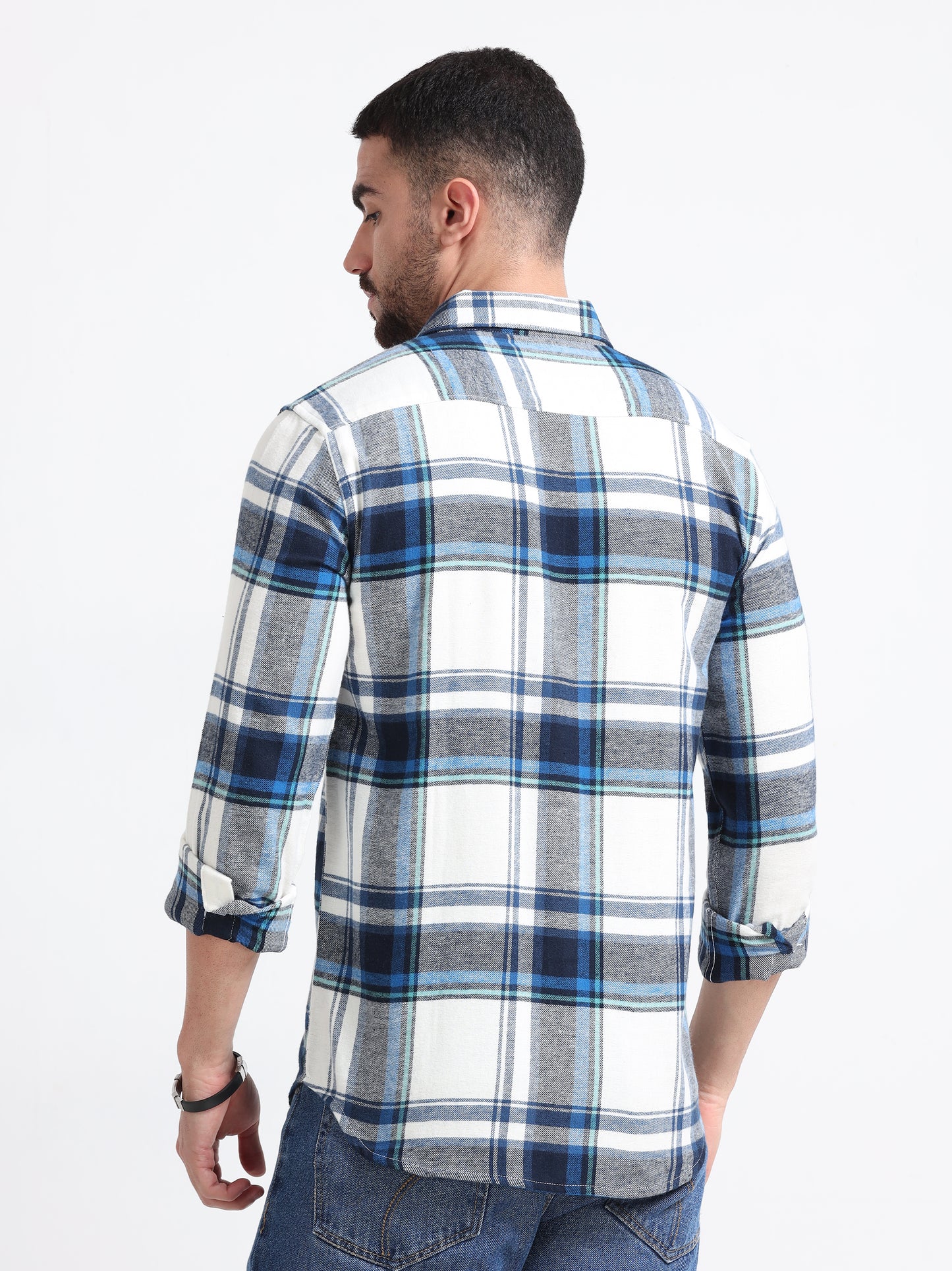 Dark Blue Check Print Flannel Shirt