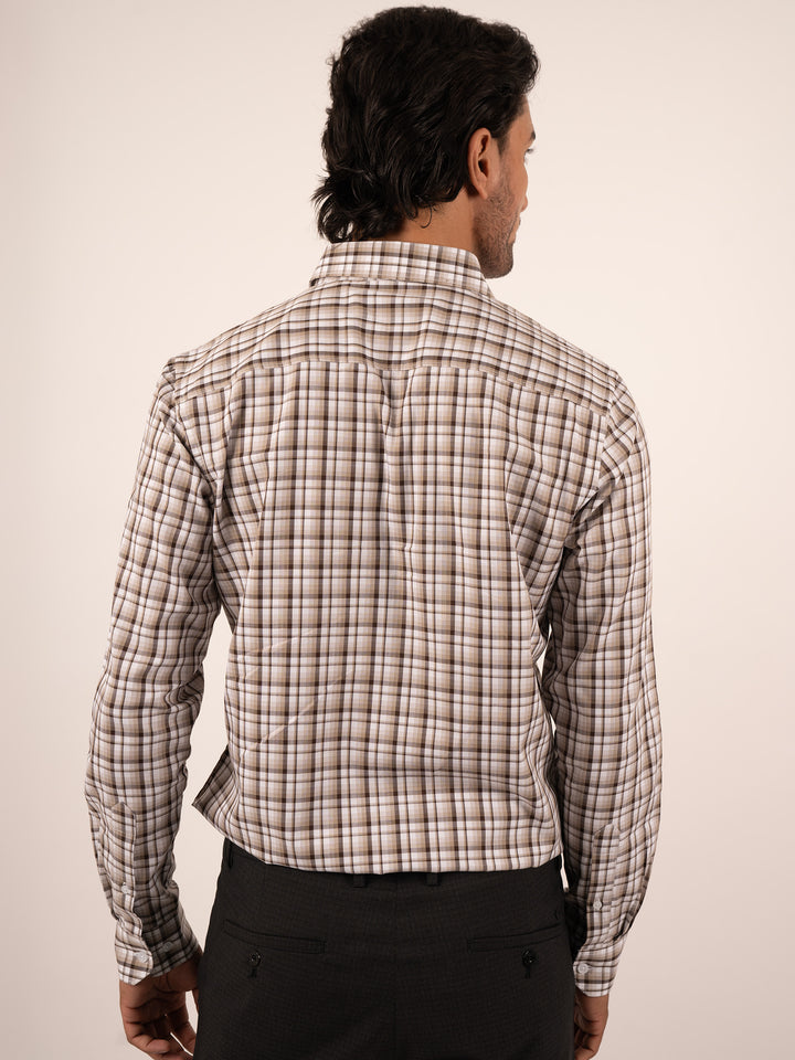 Men's Coffee and White Windowpane Check Cotton Shirt