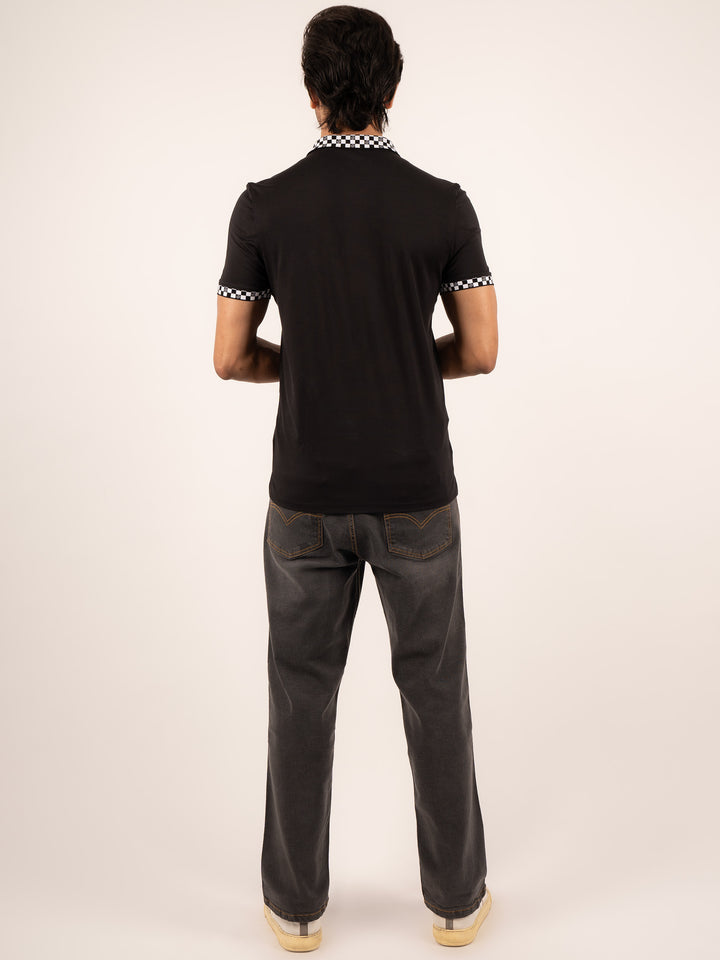 MEN'S CHECKERED  COLLAR BLACK POLO T-SHIRT