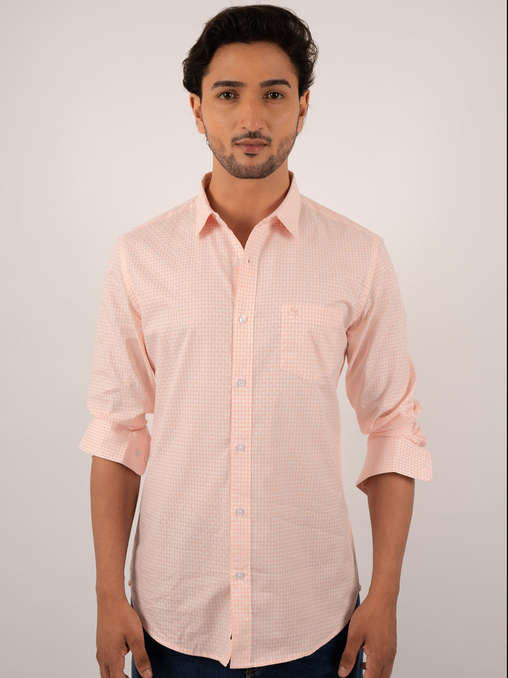 Men’s Light Orange Gingham Check Cotton Shirt