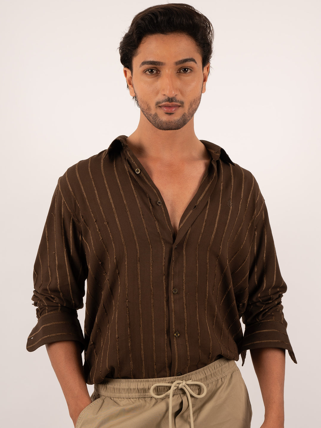 Men’s Brown Striped Shirt with Gold Accents