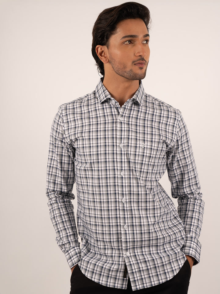 Men's Green and Blue Windowpane Check Cotton Shirt