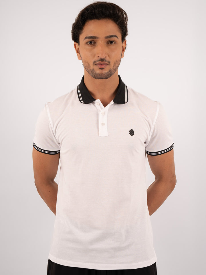 MEN'S CHECKERED COLLAR WHITE  POLO T-SHIRT