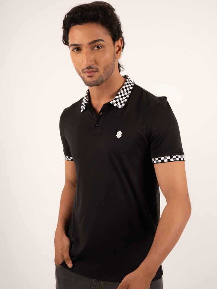 MEN'S CHECKERED  COLLAR BLACK POLO T-SHIRT
