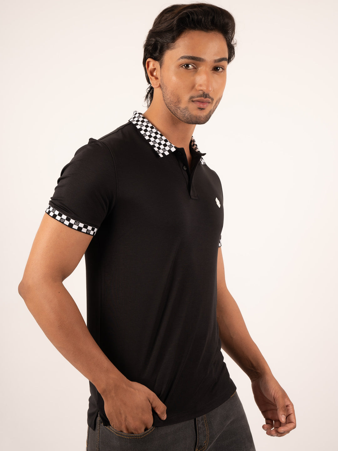 MEN'S CHECKERED  COLLAR BLACK POLO T-SHIRT