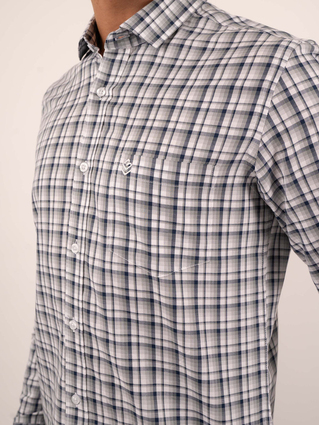 Men's Green and Blue Windowpane Check Cotton Shirt