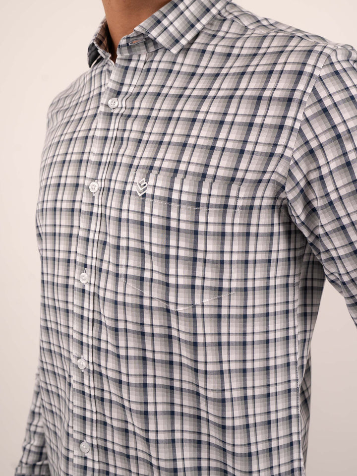 Men's Green and Blue Windowpane Check Cotton Shirt