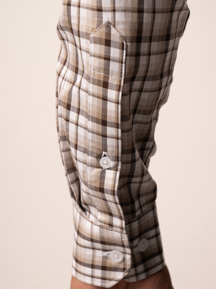 Men's Coffee and White Windowpane Check Cotton Shirt