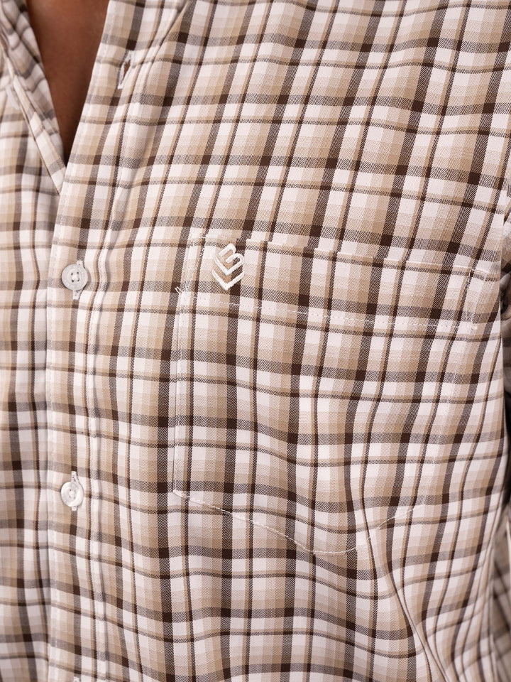 Men's Coffee and White Windowpane Check Cotton Shirt