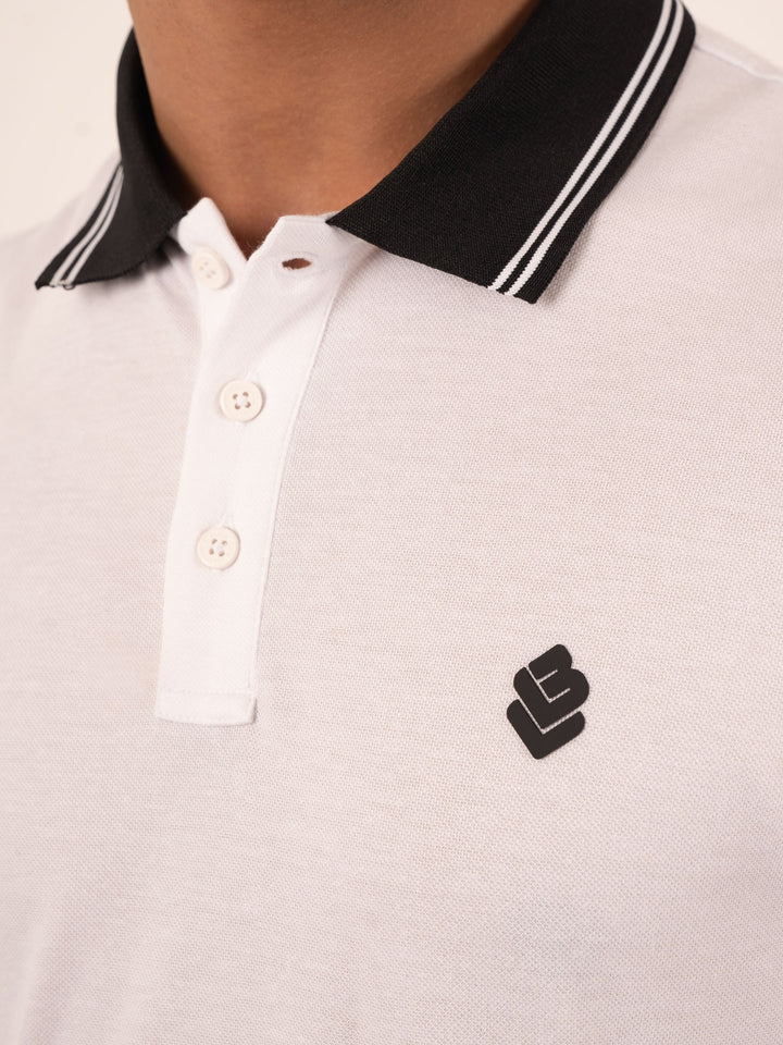 MEN'S CHECKERED COLLAR WHITE  POLO T-SHIRT