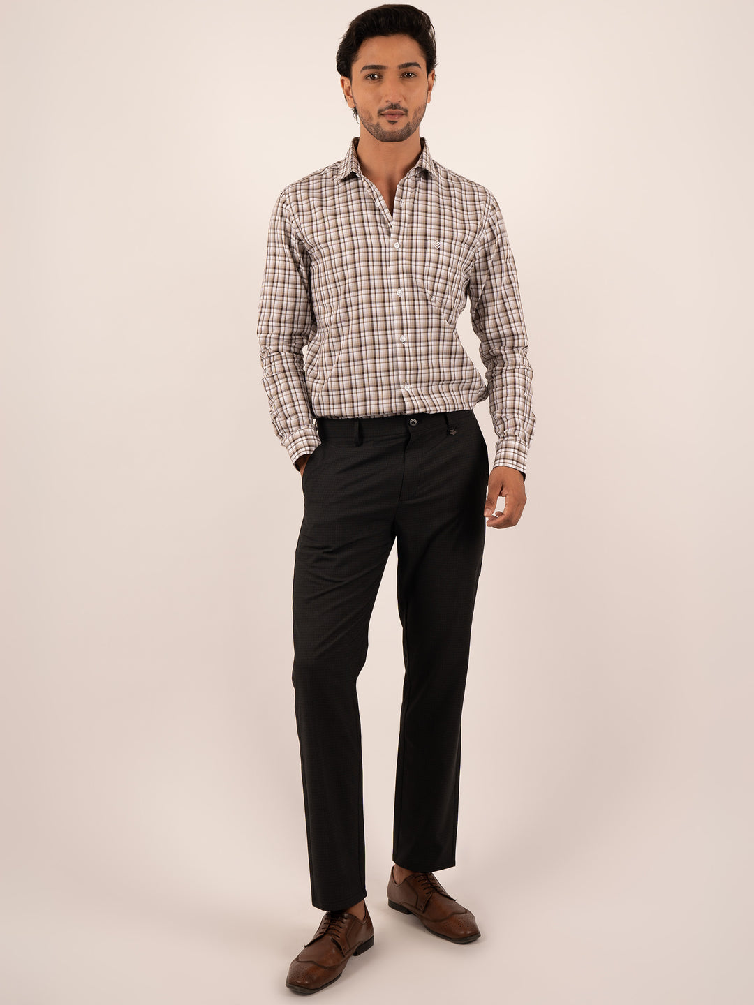 Men's Coffee and White Windowpane Check Cotton Shirt