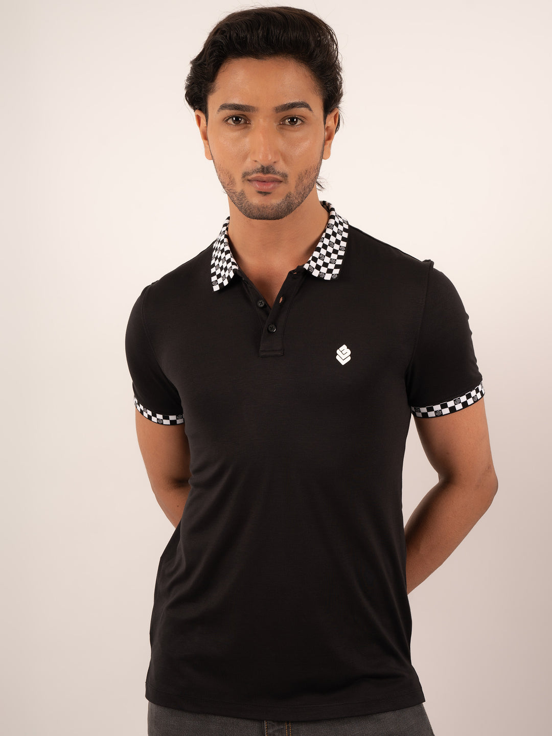 MEN'S CHECKERED  COLLAR BLACK POLO T-SHIRT