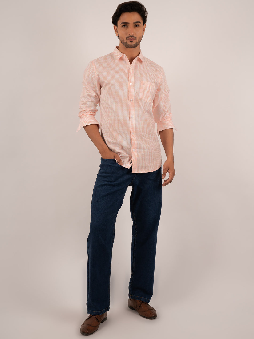 Men’s Light Orange Gingham Check Cotton Shirt