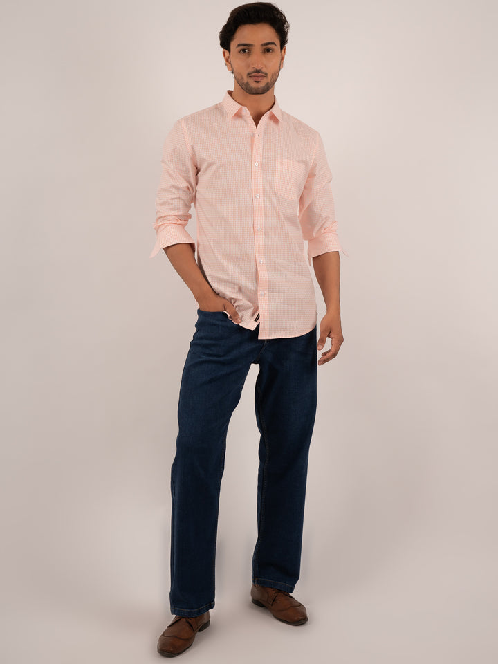 Men’s Light Orange Gingham Check Cotton Shirt