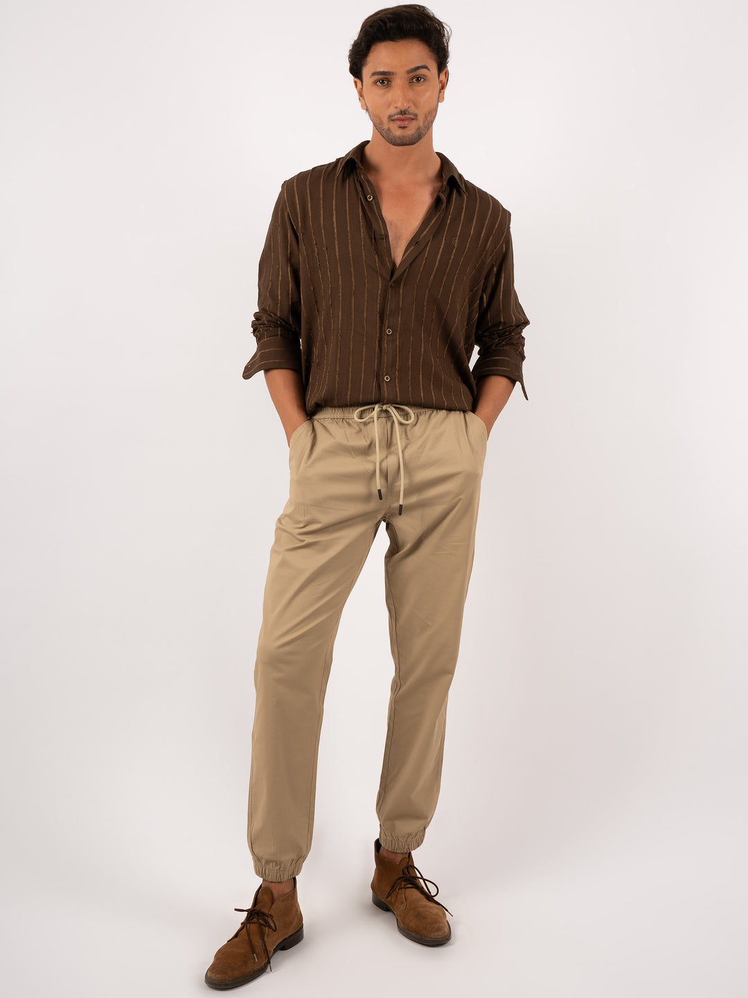 Men’s Brown Striped Shirt with Gold Accents