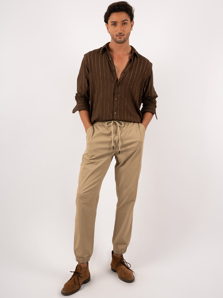 Men’s Brown Striped Shirt with Gold Accents