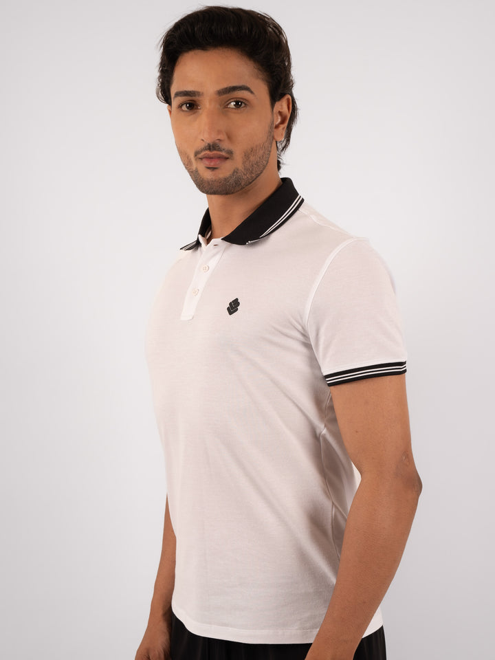 MEN'S CHECKERED COLLAR WHITE  POLO T-SHIRT