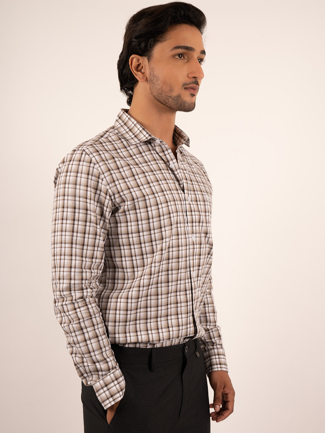 Men's Coffee and White Windowpane Check Cotton Shirt