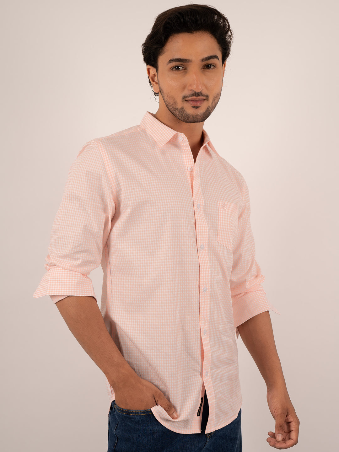 Men’s Light Orange Gingham Check Cotton Shirt