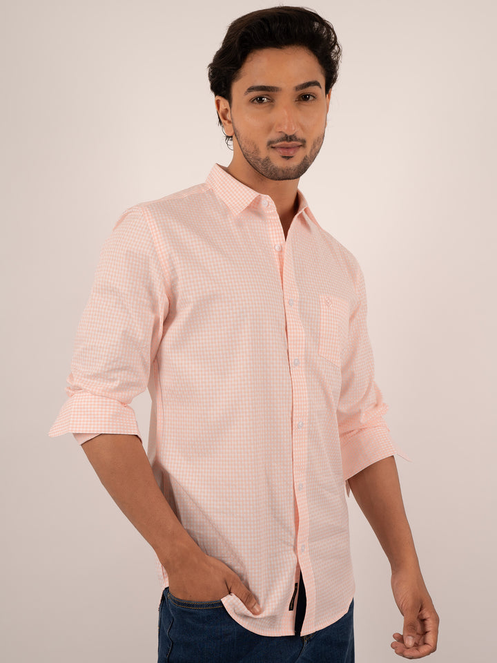 Men’s Light Orange Gingham Check Cotton Shirt