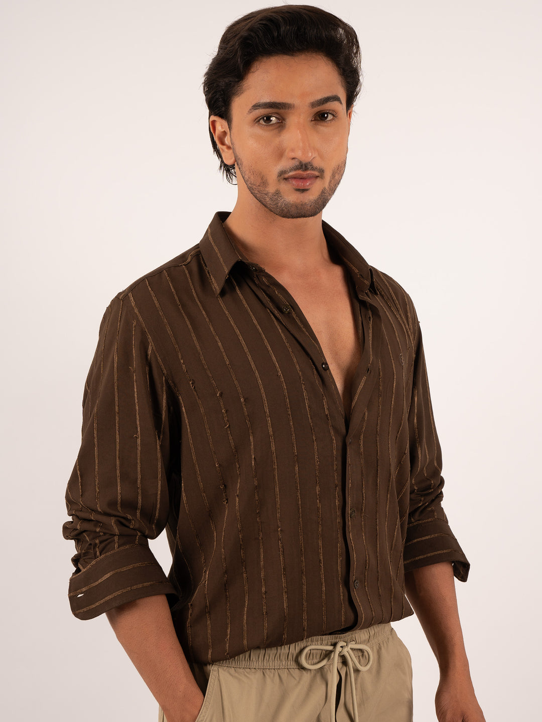 Men’s Brown Striped Shirt with Gold Accents