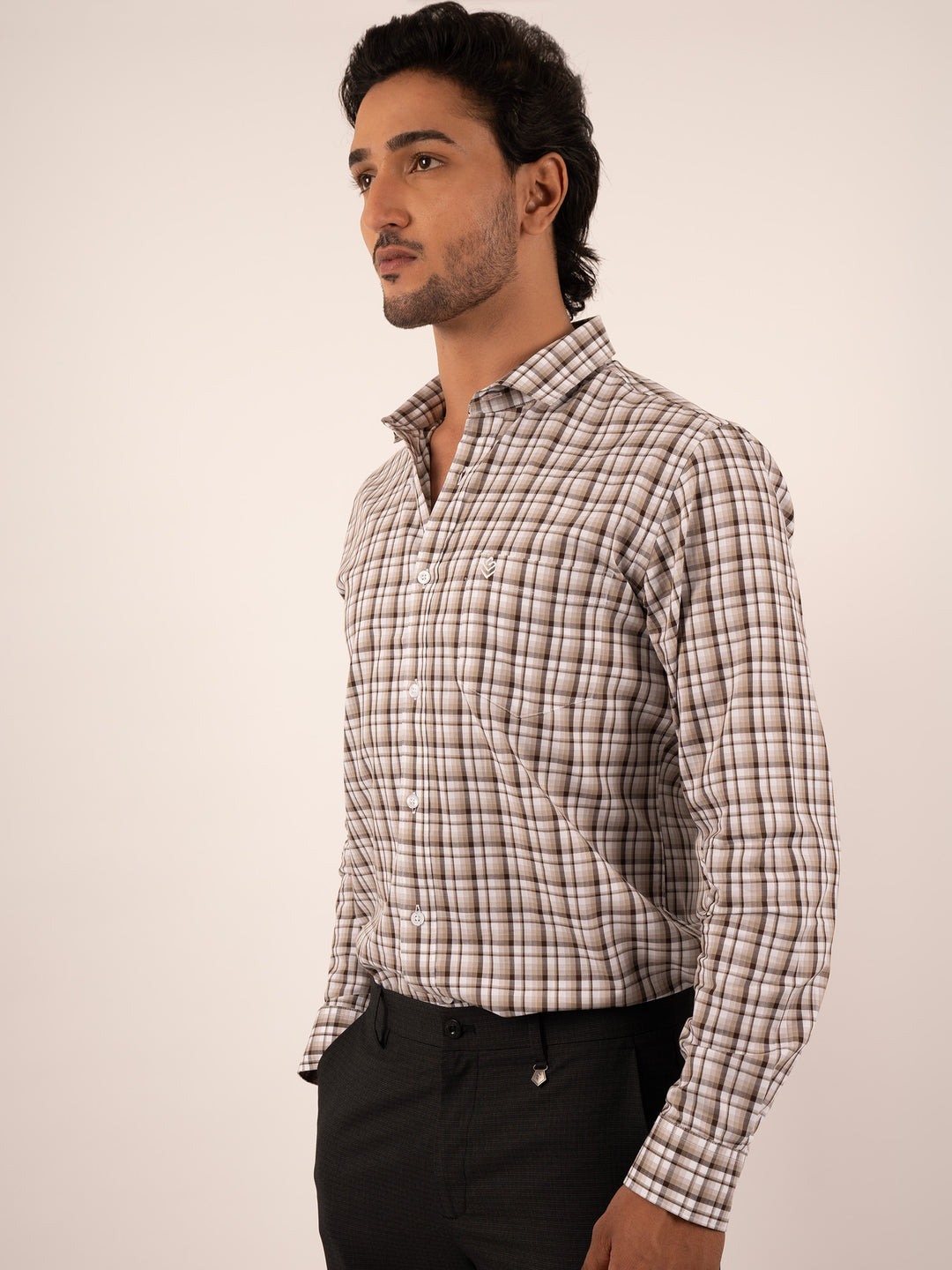 Men's Coffee and White Windowpane Check Cotton Shirt