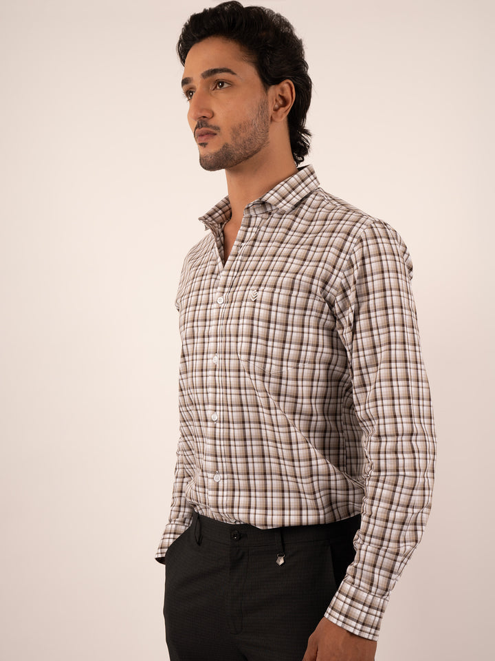 Men's Coffee and White Windowpane Check Cotton Shirt