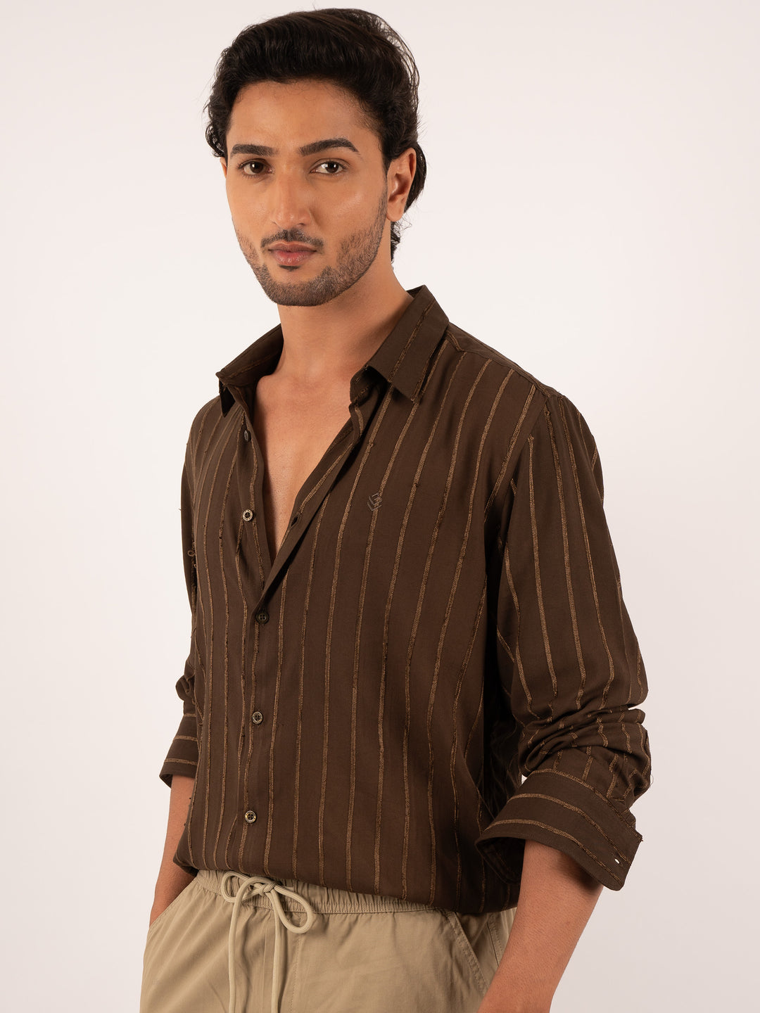 Men’s Brown Striped Shirt with Gold Accents