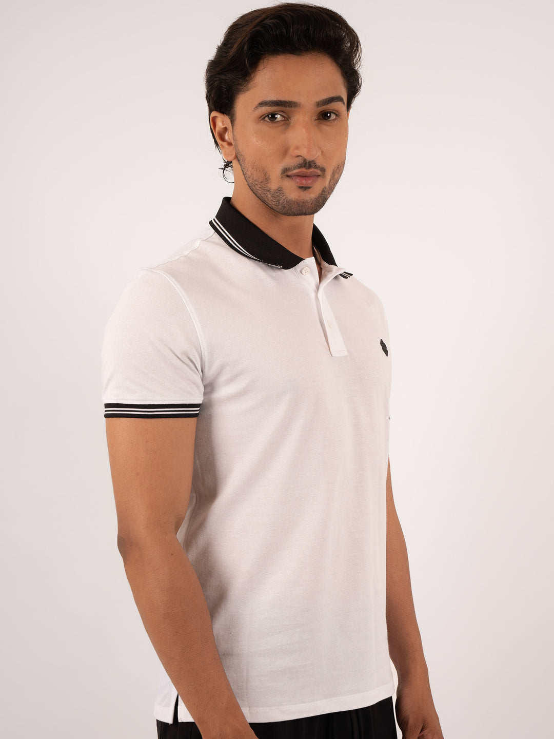 MEN'S CHECKERED COLLAR WHITE  POLO T-SHIRT
