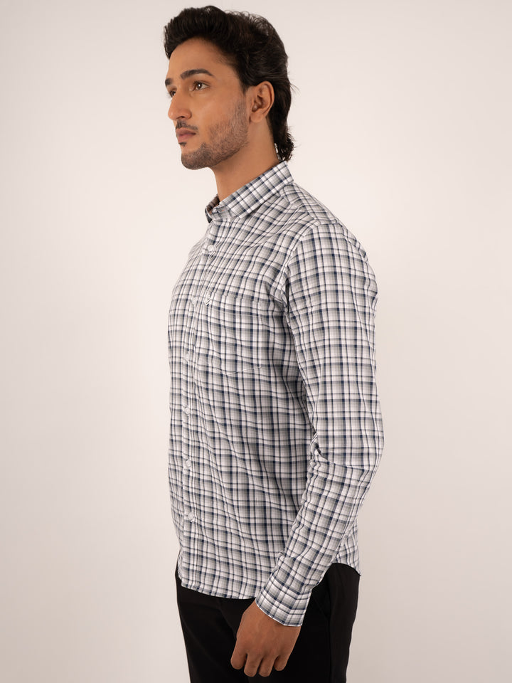 Men's Green and Blue Windowpane Check Cotton Shirt