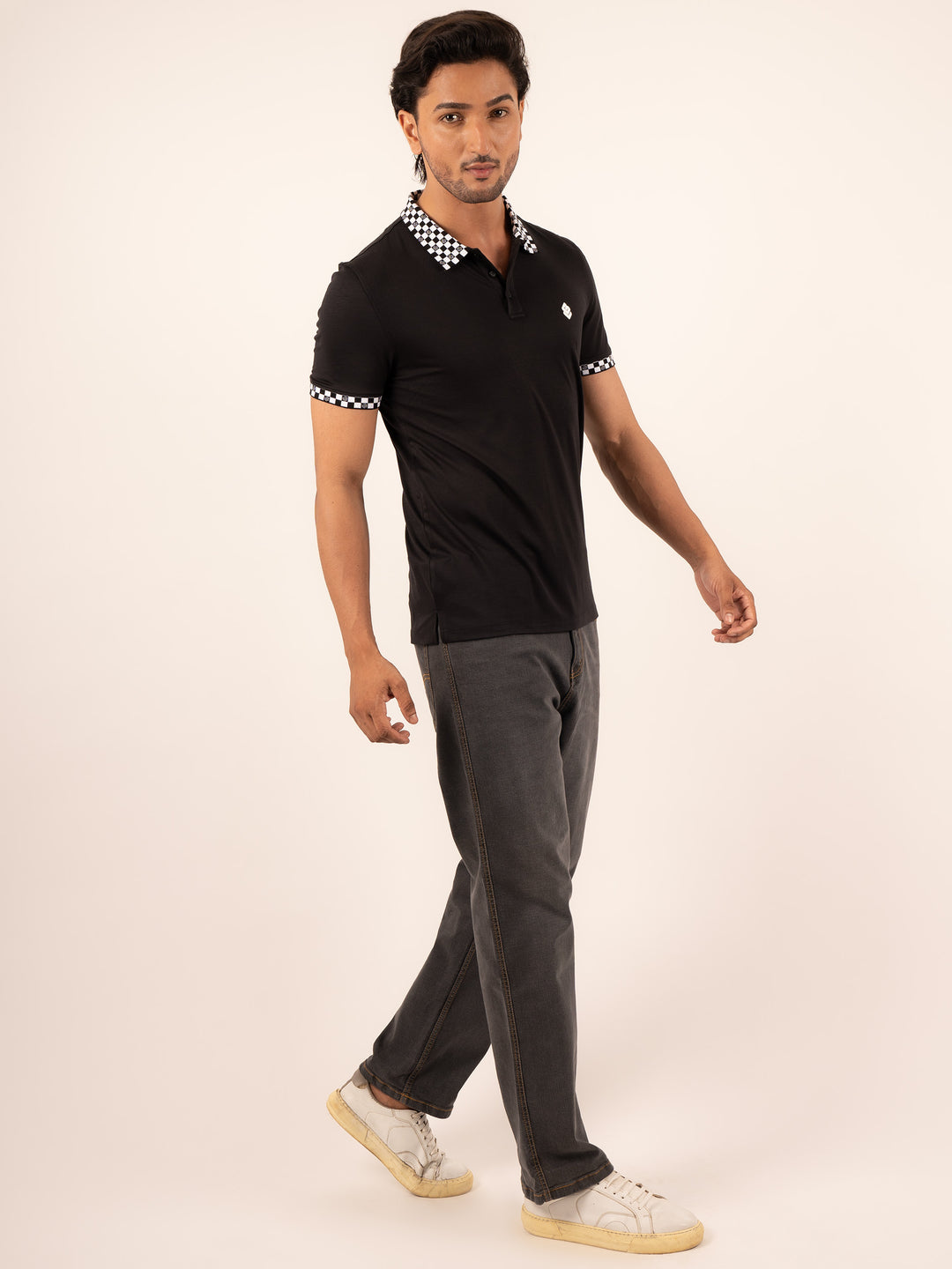 MEN'S CHECKERED  COLLAR BLACK POLO T-SHIRT