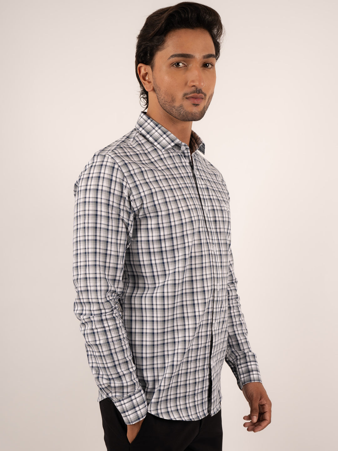 Men's Green and Blue Windowpane Check Cotton Shirt