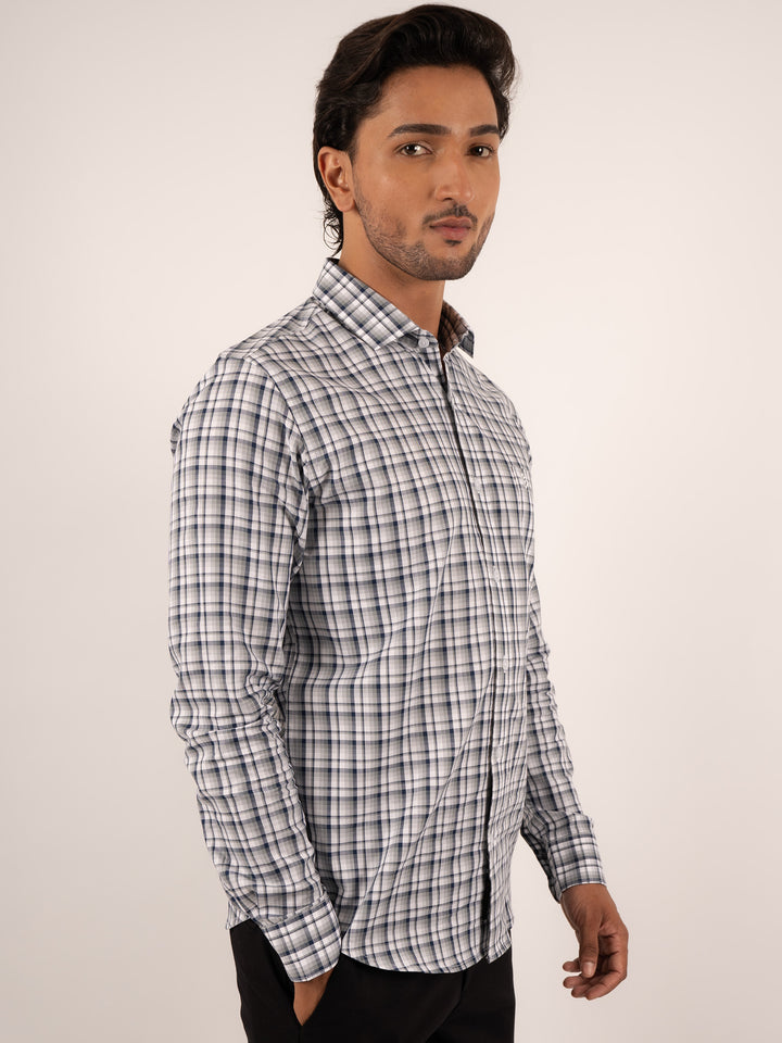 Men's Green and Blue Windowpane Check Cotton Shirt