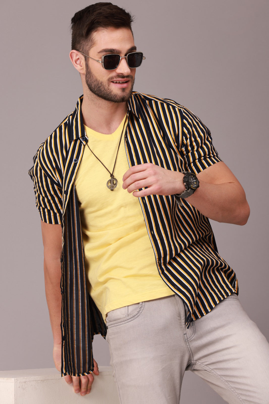 Yellow Black Stripe Half Sleeve Shirt