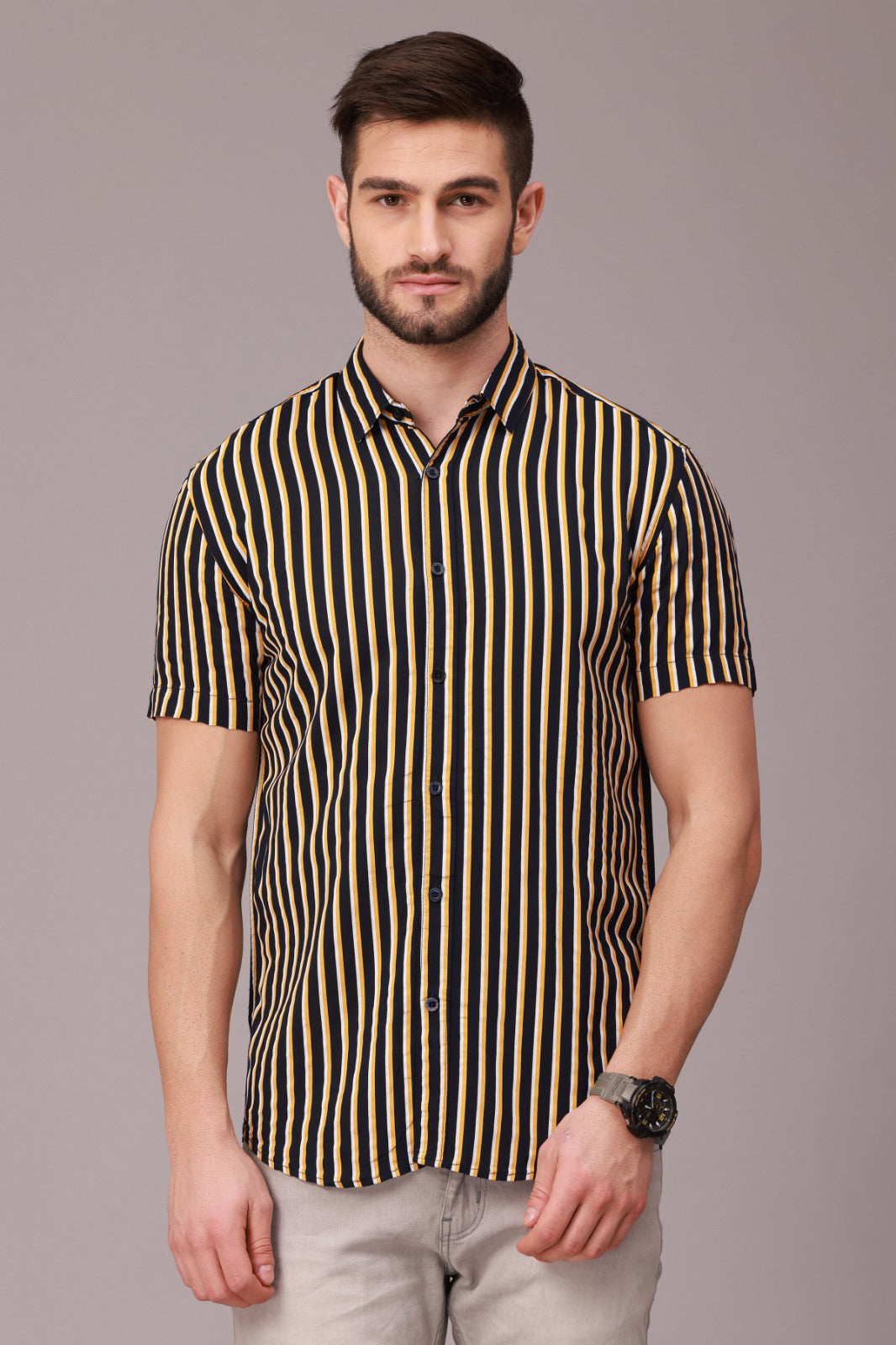 Yellow Black Stripe Half Sleeve Shirt